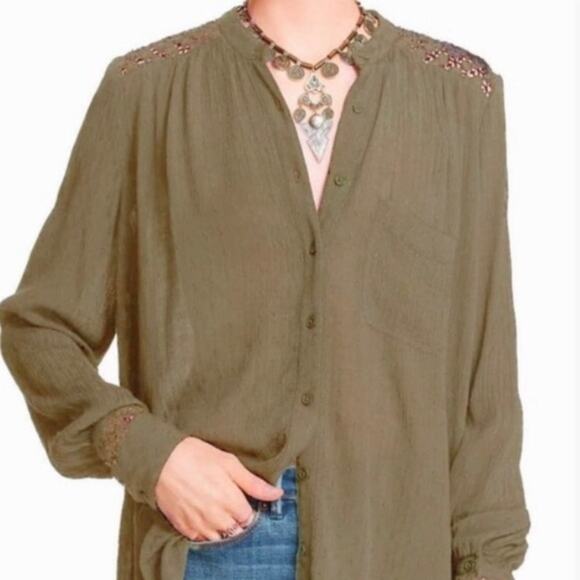 Free People The Best Crochet Back Olive Green Button Up Blouse - Picture 2 of 9
